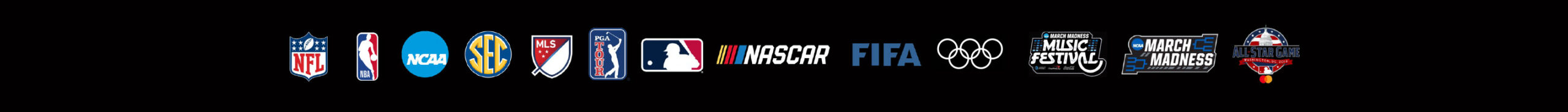 Client logos including NFL, NBA, NCAA, SEC, MLS, PGA, NASCAR, FIFA, Olympics